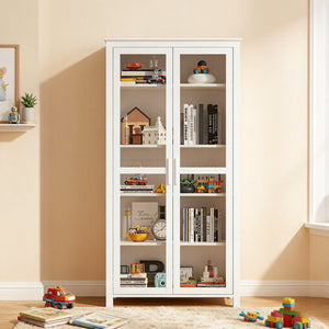 English Elm Hall Five Tier White Pantry Cabinet with Tempered Glass Doors for Kitchen Storage T3971S00299