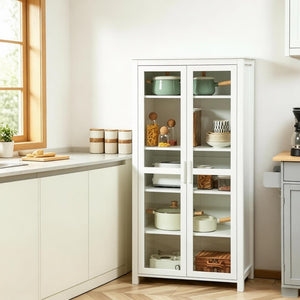 English Elm Hall Five Tier White Pantry Cabinet with Tempered Glass Doors for Kitchen Storage T3971S00299