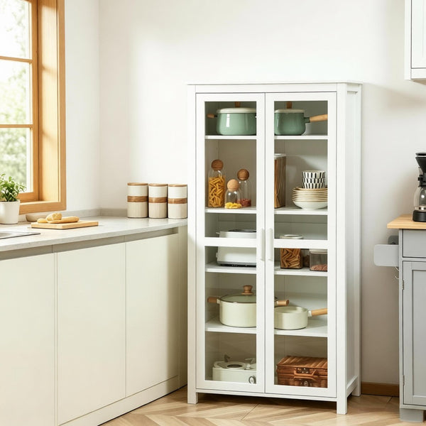 English Elm Hall Five Tier White Pantry Cabinet with Tempered Glass Doors for Kitchen Storage T3971S00299