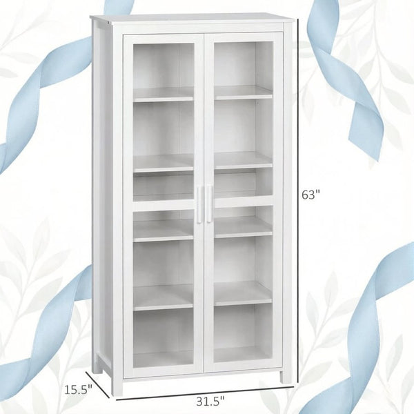 English Elm Hall Five Tier White Pantry Cabinet with Tempered Glass Doors for Kitchen Storage T3971S00299