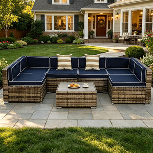 English Elm Outdoor Modular Pe Rattan Sectional Set Seats Six with Steel Frame Patio Sofa T3971S00300