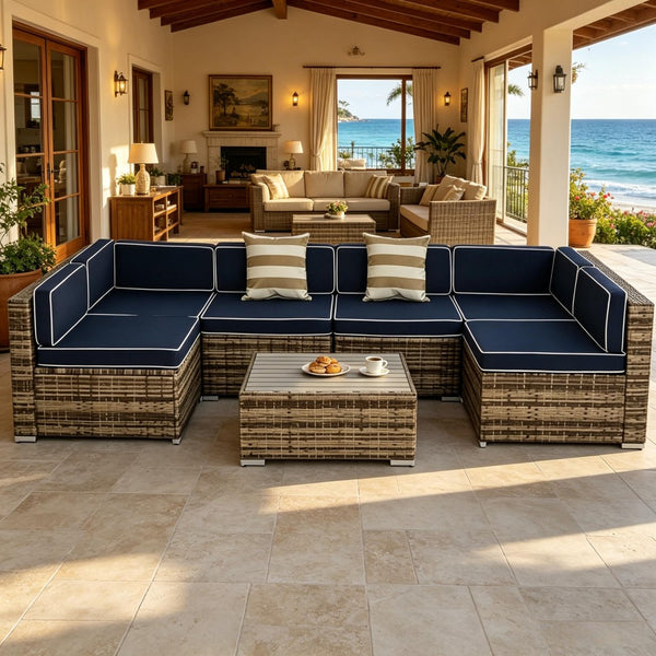 English Elm Outdoor Modular Pe Rattan Sectional Set Seats Six with Steel Frame Patio Sofa T3971S00300