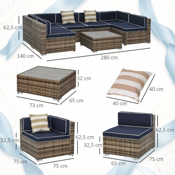 English Elm Outdoor Modular Pe Rattan Sectional Set Seats Six with Steel Frame Patio Sofa T3971S00300