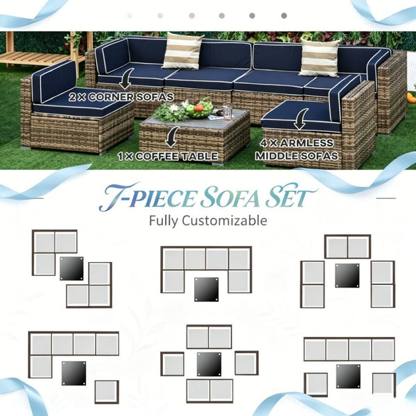 English Elm Outdoor Modular Pe Rattan Sectional Set Seats Six with Steel Frame Patio Sofa T3971S00300