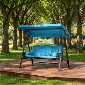 English Elm Garden Porch Swing with Tiltable Canopy Button Tufted Cushions Steel Frame Seats Three T3971S00301