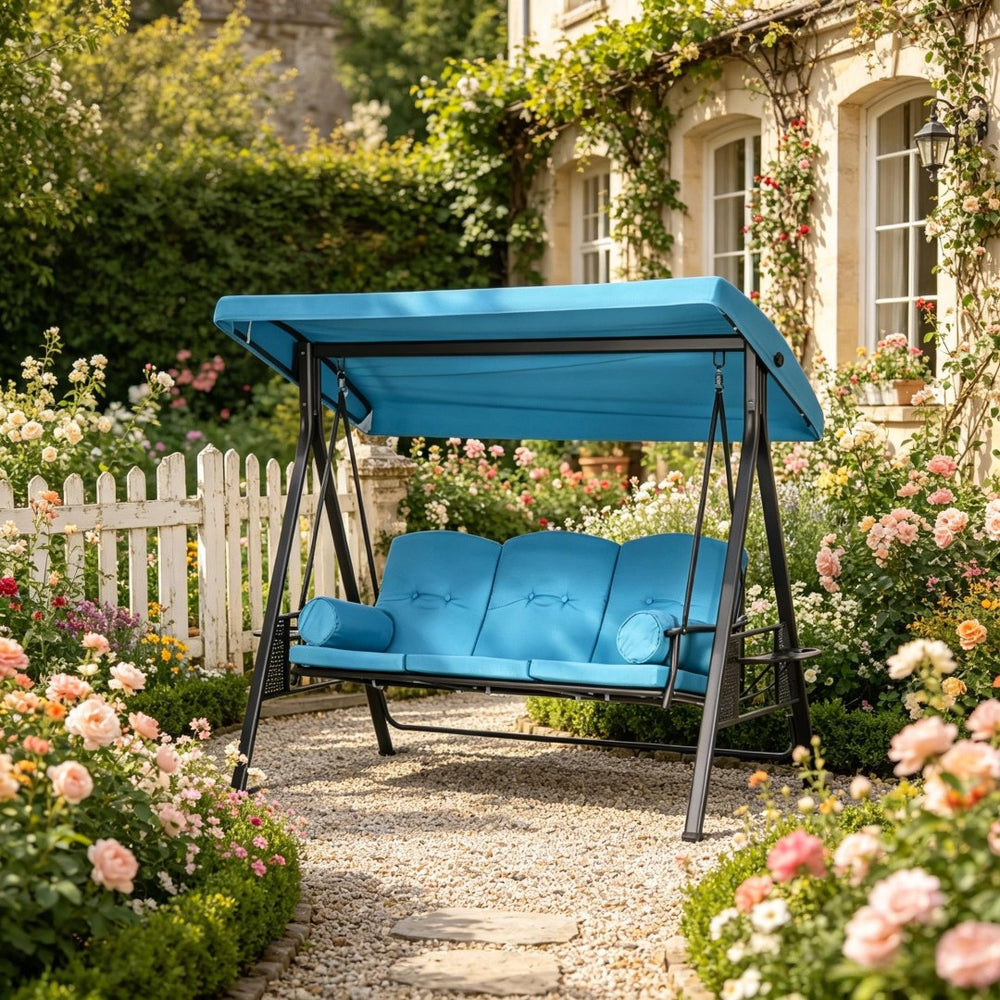 English Elm Garden Porch Swing with Tiltable Canopy Button Tufted Cushions Steel Frame Seats Three T3971S00301