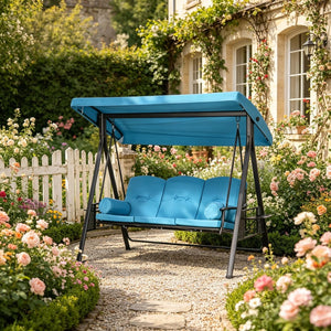 English Elm Garden Porch Swing with Tiltable Canopy Button Tufted Cushions Steel Frame Seats Three T3971S00301