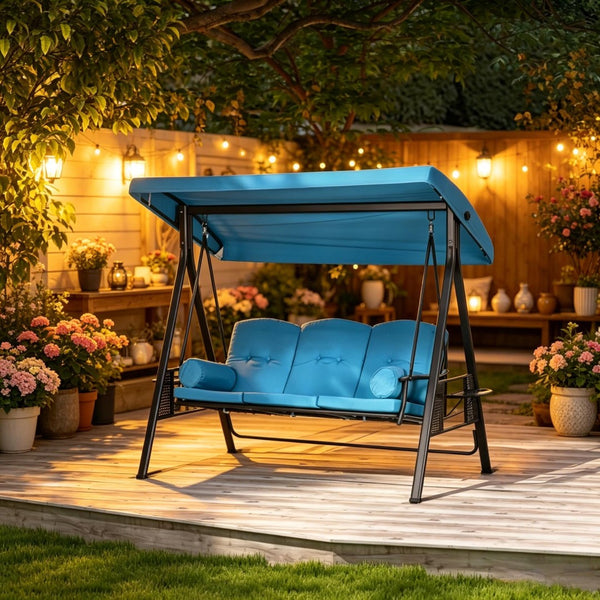 English Elm Garden Porch Swing with Tiltable Canopy Button Tufted Cushions Steel Frame Seats Three T3971S00301
