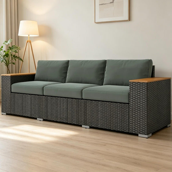 English Elm Wicker Outdoor Sofa with Pe Rattan Weave Steel Frame and Deep Three Seat Cushioned Design T3971S00303