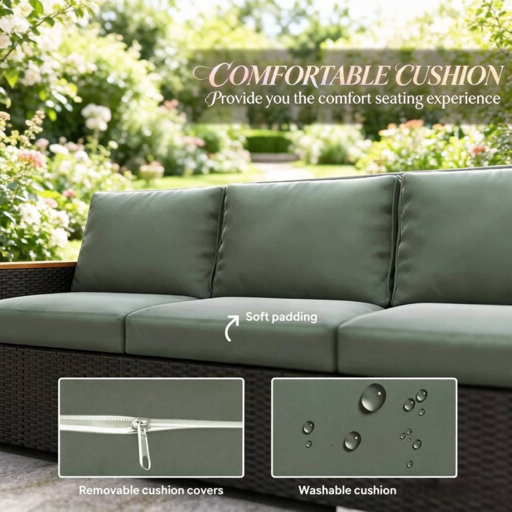 English Elm Wicker Outdoor Sofa with Pe Rattan Weave Steel Frame and Deep Three Seat Cushioned Design T3971S00303
