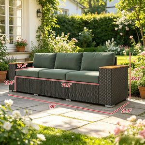 English Elm Wicker Outdoor Sofa with Pe Rattan Weave Steel Frame and Deep Three Seat Cushioned Design T3971S00303