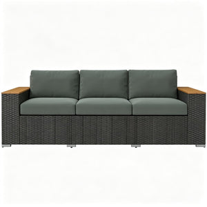 English Elm Wicker Outdoor Sofa with Pe Rattan Weave Steel Frame and Deep Three Seat Cushioned Design T3971S00303