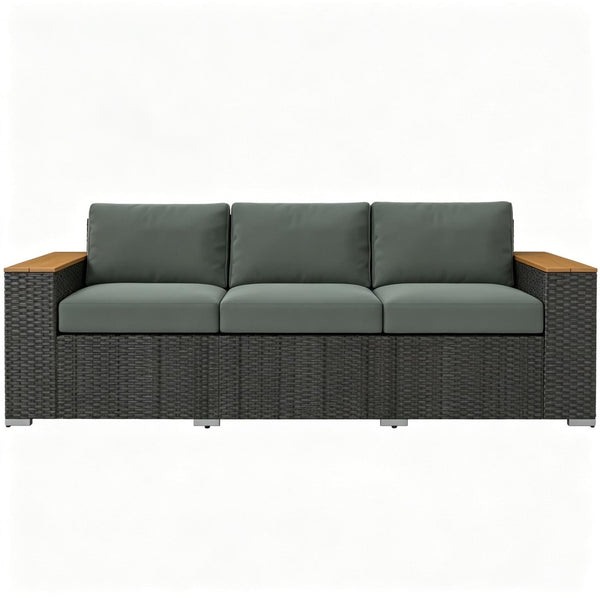 English Elm Wicker Outdoor Sofa with Pe Rattan Weave Steel Frame and Deep Three Seat Cushioned Design T3971S00303