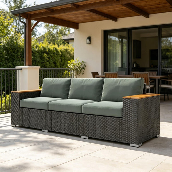 English Elm Wicker Outdoor Sofa with Pe Rattan Weave Steel Frame and Deep Three Seat Cushioned Design T3971S00303