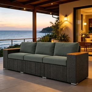 English Elm Wicker Outdoor Sofa with Pe Rattan Weave Steel Frame and Deep Three Seat Cushioned Design T3971S00303