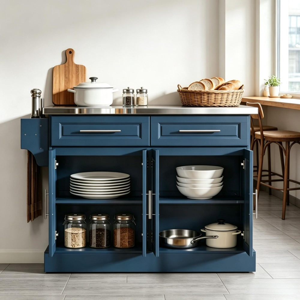 English Elm Nordic Rolling Kitchen Island with Stainless Steel Top Navy Blue Storage Cart T3971S00304
