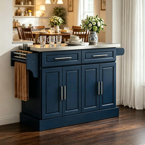 English Elm Nordic Rolling Kitchen Island with Stainless Steel Top Navy Blue Storage Cart T3971S00304