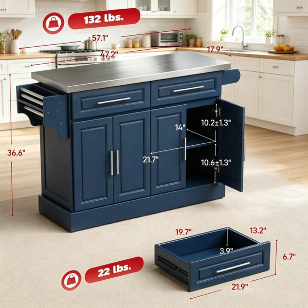 English Elm Nordic Rolling Kitchen Island with Stainless Steel Top Navy Blue Storage Cart T3971S00304