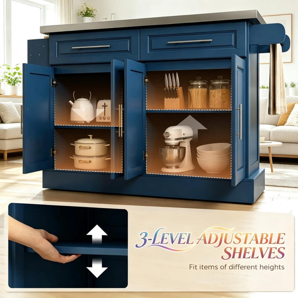 English Elm Nordic Rolling Kitchen Island with Stainless Steel Top Navy Blue Storage Cart T3971S00304