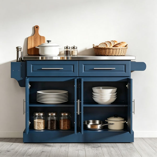 English Elm Nordic Rolling Kitchen Island with Stainless Steel Top Navy Blue Storage Cart T3971S00304