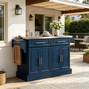 English Elm Nordic Rolling Kitchen Island with Stainless Steel Top Navy Blue Storage Cart T3971S00304