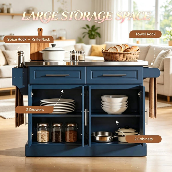 English Elm Nordic Rolling Kitchen Island with Stainless Steel Top Navy Blue Storage Cart T3971S00304