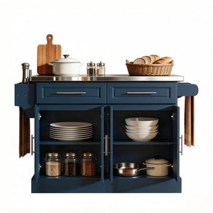 English Elm Nordic Rolling Kitchen Island with Stainless Steel Top Navy Blue Storage Cart T3971S00304