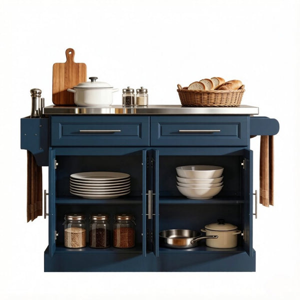English Elm Nordic Rolling Kitchen Island with Stainless Steel Top Navy Blue Storage Cart T3971S00304