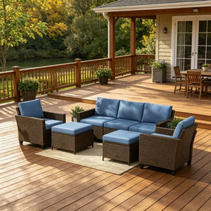 English Elm Modern Handwoven Pe Rattan Outdoor Sectional Set Seats Seven on Patio or Garden T3971S00305