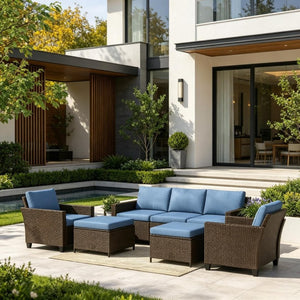 English Elm Modern Handwoven Pe Rattan Outdoor Sectional Set Seats Seven on Patio or Garden T3971S00305