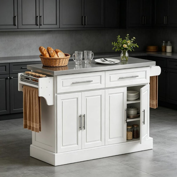 English Elm Kitchen Island Cart with Stainless Steel Top Two Drawers Spice and Towel Rack T3971S00307
