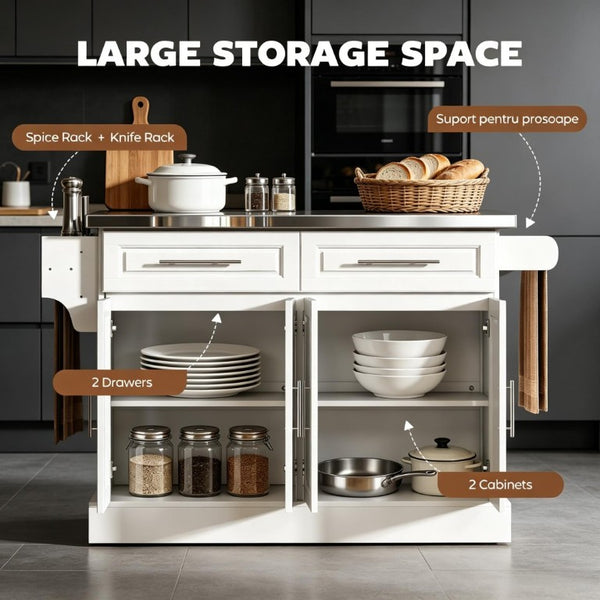 English Elm Kitchen Island Cart with Stainless Steel Top Two Drawers Spice and Towel Rack T3971S00307