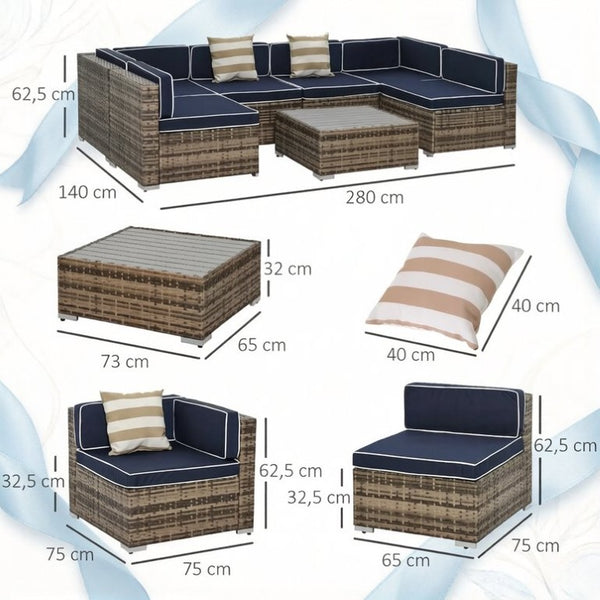 English Elm Old Woven PE Rattan Outdoor Sectional Set with Coastal Cushions and Slatted Coffee Table T3971S00314