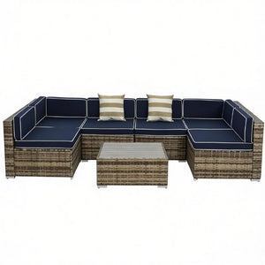 English Elm Old Woven PE Rattan Outdoor Sectional Set with Coastal Cushions and Slatted Coffee Table T3971S00314