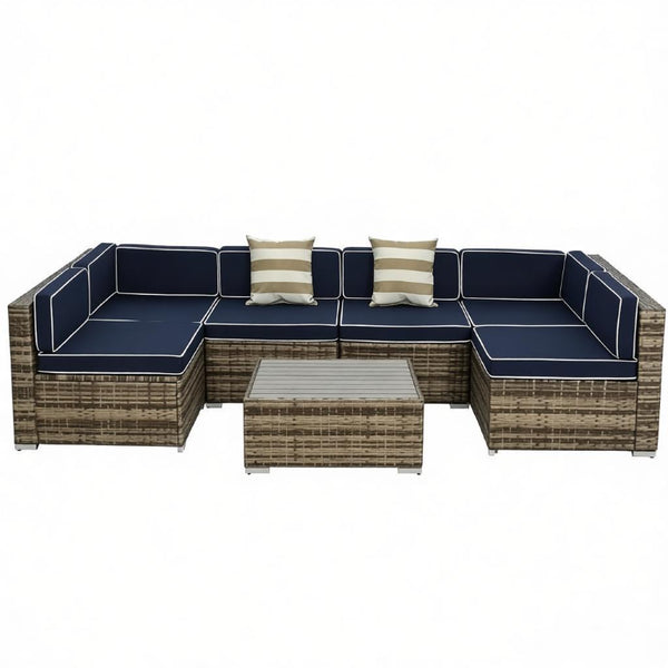 English Elm Old Woven PE Rattan Outdoor Sectional Set with Coastal Cushions and Slatted Coffee Table T3971S00314