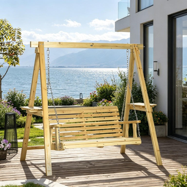English Elm Old Fir Wood Porch Swing with A-Frame Stand Integrated Side Tables and Adjustable Chains T3971S00315