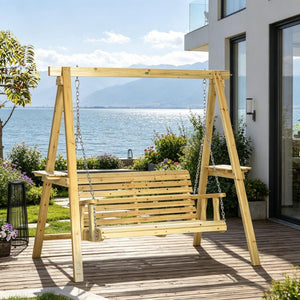 English Elm Old Fir Wood Porch Swing with A-Frame Stand Integrated Side Tables and Adjustable Chains T3971S00315
