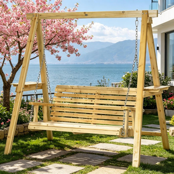 English Elm Old Fir Wood Porch Swing with A-Frame Stand Integrated Side Tables and Adjustable Chains T3971S00315