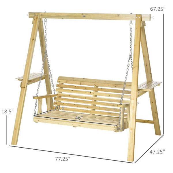 English Elm Old Fir Wood Porch Swing with A-Frame Stand Integrated Side Tables and Adjustable Chains T3971S00315