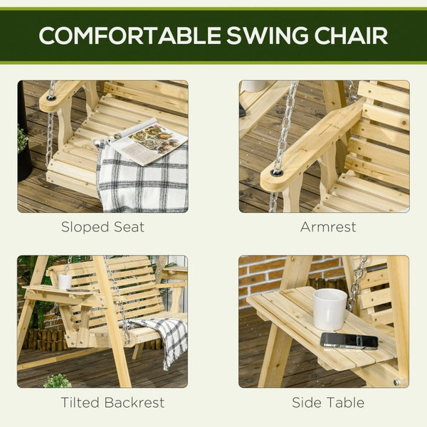 English Elm Old Fir Wood Porch Swing with A-Frame Stand Integrated Side Tables and Adjustable Chains T3971S00315