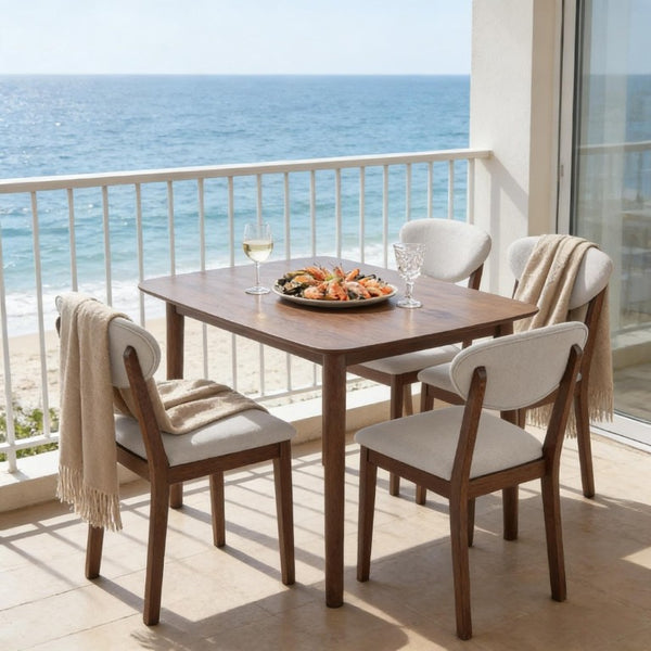 English Elm Old Japandi 5 Piece Dining Set Walnut Veneer Table with Linen Upholstered Chairs Cream White / Walnut T3971S00316
