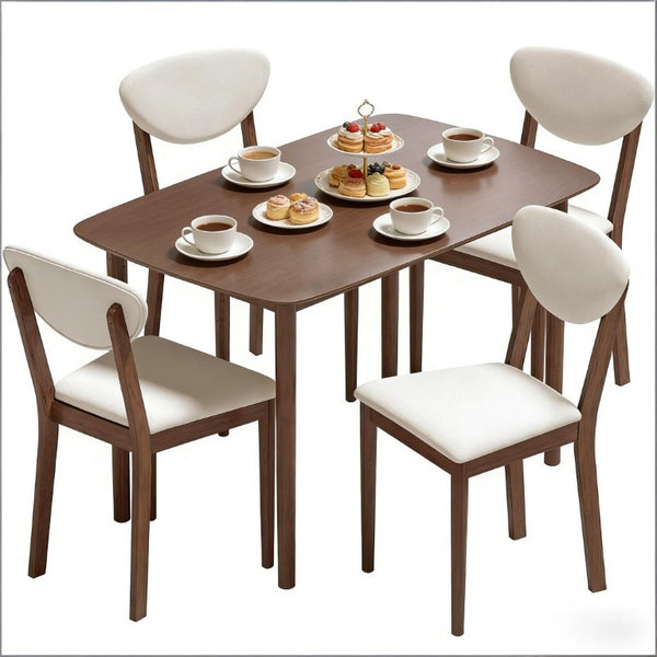 English Elm Old Japandi 5 Piece Dining Set Walnut Veneer Table with Linen Upholstered Chairs Cream White / Walnut T3971S00316