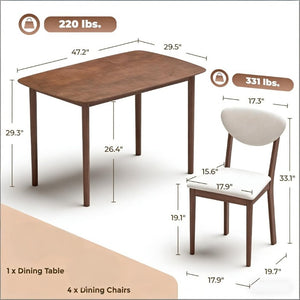 English Elm Old Japandi 5 Piece Dining Set Walnut Veneer Table with Linen Upholstered Chairs Cream White / Walnut T3971S00316