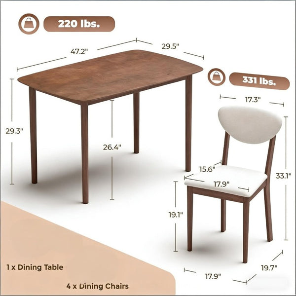 English Elm Old Japandi 5 Piece Dining Set Walnut Veneer Table with Linen Upholstered Chairs Cream White / Walnut T3971S00316
