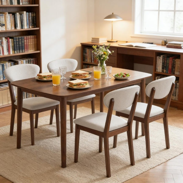 English Elm Old Japandi 5 Piece Dining Set Walnut Veneer Table with Linen Upholstered Chairs Cream White / Walnut T3971S00316