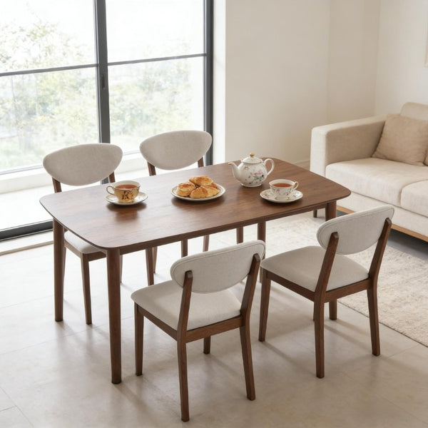 English Elm Old Japandi 5 Piece Dining Set Walnut Veneer Table with Linen Upholstered Chairs Cream White / Walnut T3971S00316