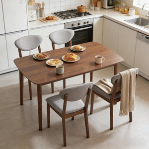 English Elm Old Japandi 5 Piece Dining Set Walnut Veneer Table with Linen Upholstered Chairs Light Gray / Walnut T3971S00317