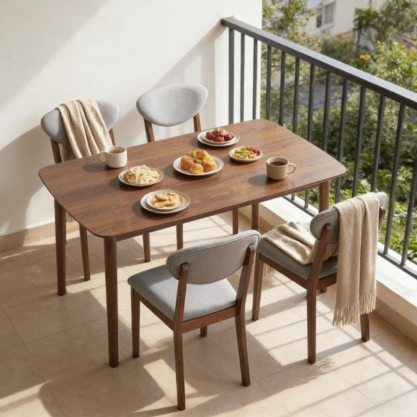 English Elm Old Japandi 5 Piece Dining Set Walnut Veneer Table with Linen Upholstered Chairs Light Gray / Walnut T3971S00317