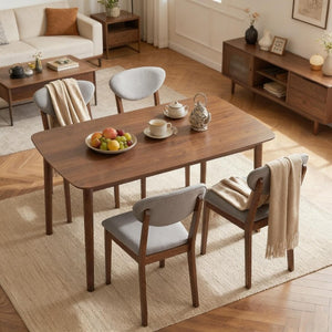 English Elm Old Japandi 5 Piece Dining Set Walnut Veneer Table with Linen Upholstered Chairs Light Gray / Walnut T3971S00317