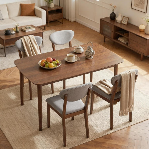 English Elm Old Japandi 5 Piece Dining Set Walnut Veneer Table with Linen Upholstered Chairs Light Gray / Walnut T3971S00317